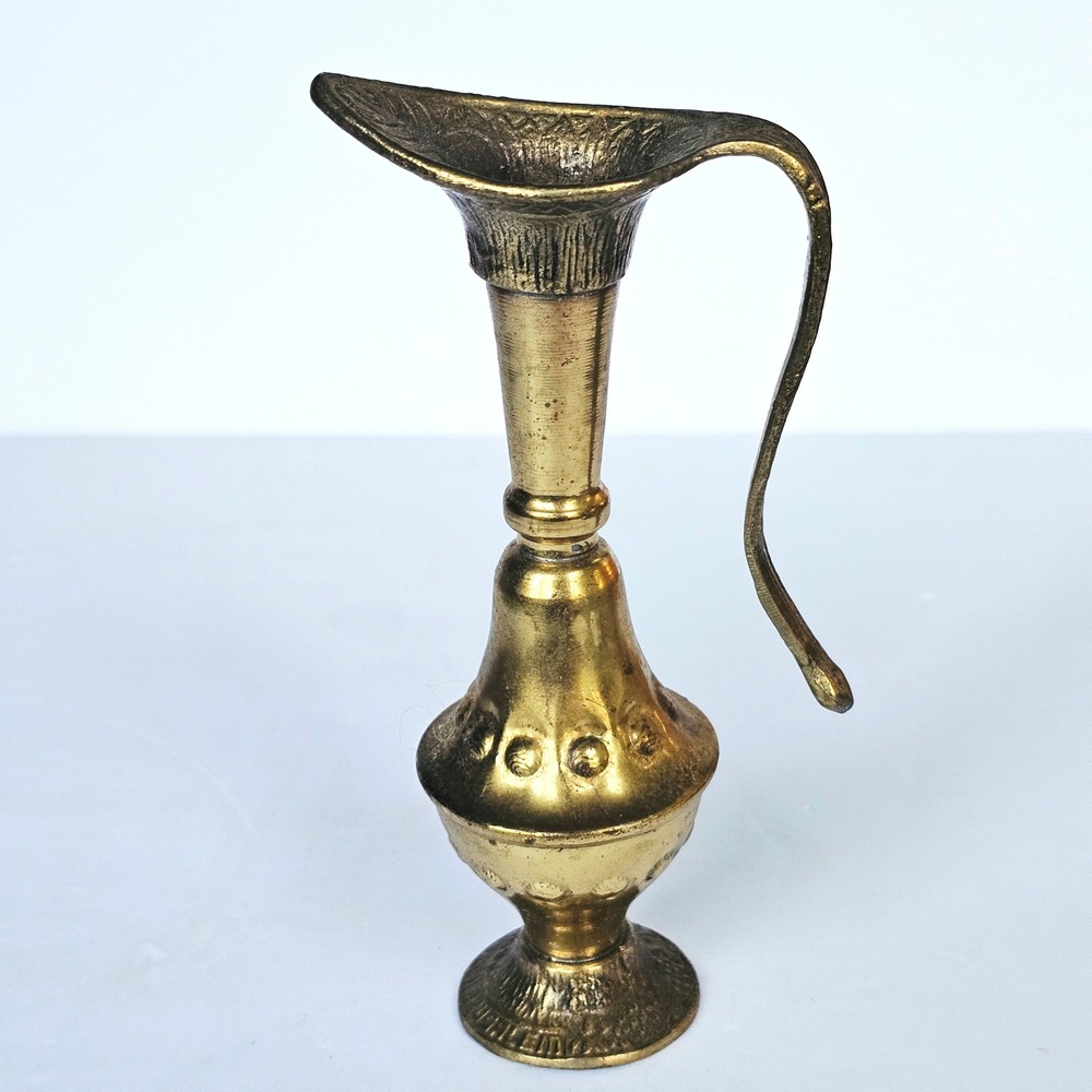 Vintage Perri Brass Pitcher Ewer Tall Neck Embossed Decorative Gold Vase 7.5"